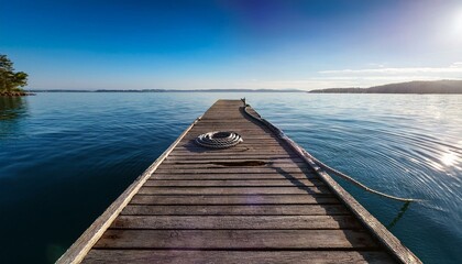 a weathered wooden dock extends over calm blue water sunlight reflecting on the surface and casting long shadows on the planks a coiled rope resting at the end