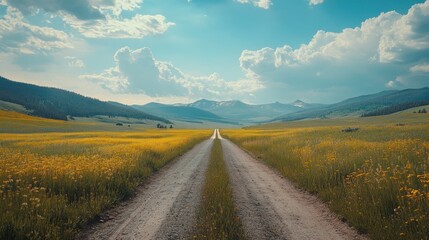 Rural road through yellow field, mountains backdrop, sunny day, travel