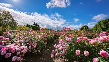 Obraz premium a vibrant rose garden basks in the radiant sunlight a breathtaking display of pink blossoms against a vivid blue sky dotted with fluffy white clouds