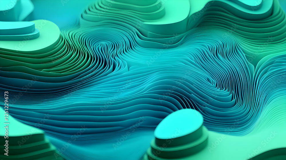 Poster abstract teal and green layered paper landscape; undulating texture, 3d render. perfect for backgrou