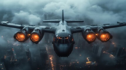 A sleek, futuristic aircraft soars above a city skyline, its glowing engines illuminating the misty atmosphere, creating a stunning visual of technology and progress.