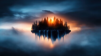 A serene island adorned with a lush forest and cascading waterfalls glows gently at dusk, capturing the essence of peaceful solitude and natural beauty.