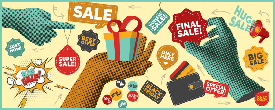 Sale trendy halftone elements set. 80s. 90s. Cut out hand emoji gestures collection. Various hands signs grunge punk dotted stickers. Modern retro promotional sales hanging tag