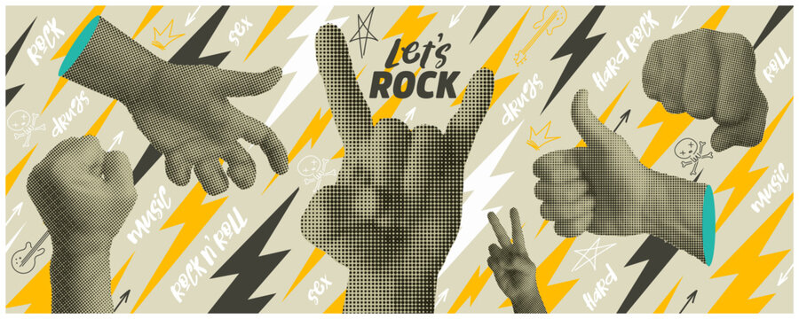 Rock music halftone elements set. 80s. 90s. Cut out hand emoji gestures collection. Various hands signs grunge punk dotted stickers. Modern retro vector Rock and roll music illustration