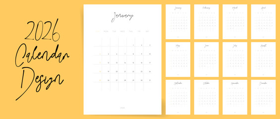 Calendar 2026. Week starts Sunday. Elegant Handwritten design monthly 2026 calendar template vector.	
