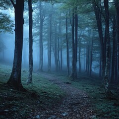 Fototapeta premium Misty forest path, dawn, serene landscape, nature background, fantasy