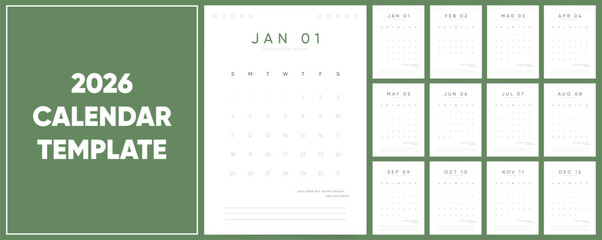 Calendar template for 2026 year. Week starts on Sunday. Wall 2026 calendar A4 format. Casual Vertical Calendar 2026. English vector Calendar monthly pages layout.	