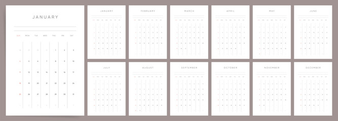 Minimal 2026 calendar design. Week starts on Sunday. Editable clean and elegant calendar page template. Minimalist trendy design for desktop design 2026 calendar planner. Set of 12 months	