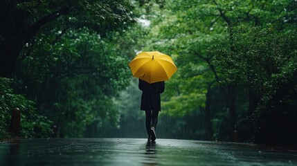 Woman walking alone in rain with yellow umbrella.
