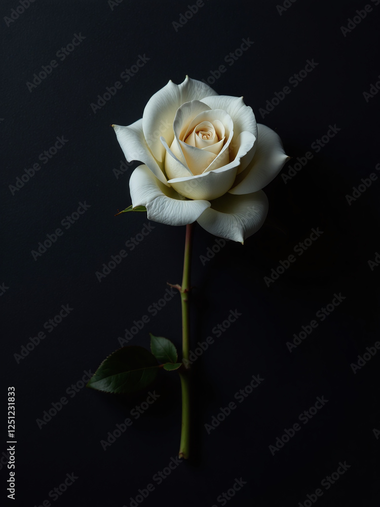 Poster a simple white rose is placed against a textured black background with ample copy space surrounding 
