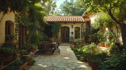 Fototapeta premium Mediterranean courtyard patio garden furniture sunlight