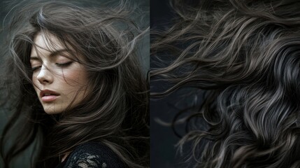 Woman with long, flowing brown hair, eyes closed, peaceful expression.