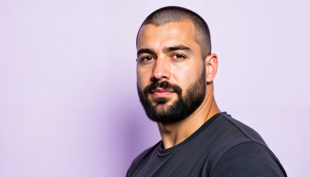 Strong man with serious yet approachable expression against gradient background, confidence