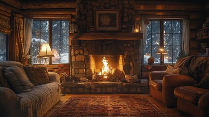 Fototapeta premium Cozy cabin fireplace winter snow scene, warm interior