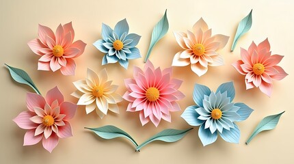 Intricate paper flowers, pastel colors, 3D layered petals, origami-inspired, delicate craftsmanship, soft beige background,