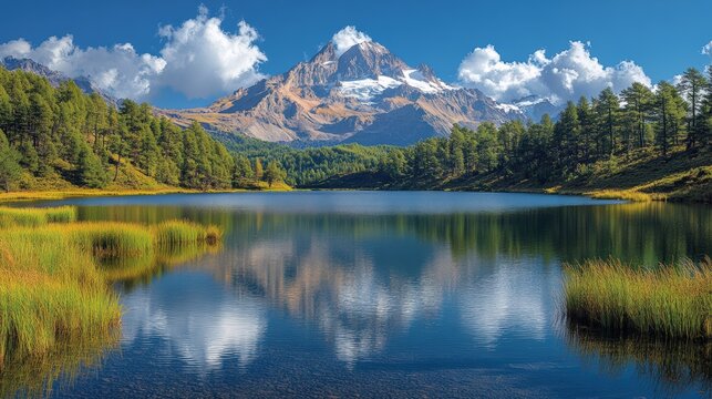 Serene lake with forest and snow-capped mountain reflection under blue sky