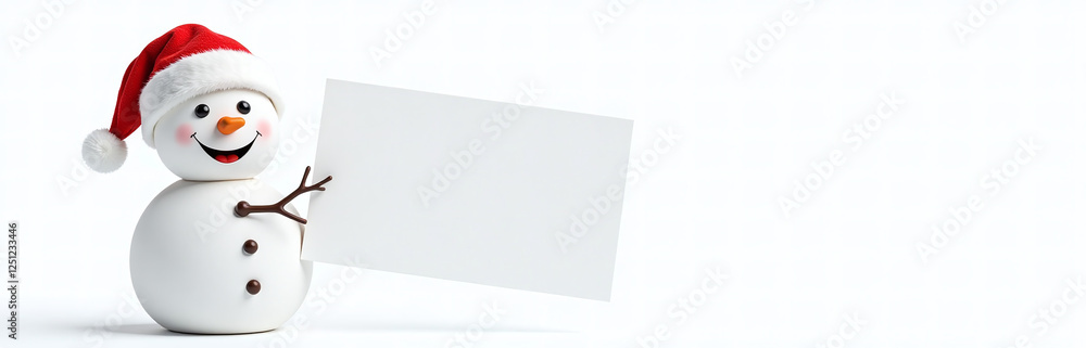 Poster a smiling snowman in a santa hat holds a blank banner isolated on a white background for a festive l