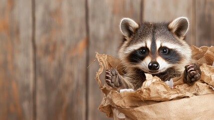 An innocent-looking raccoon pops out from crumpled paper, reflecting curiosity and charm, captured beautifully against a blurred background, symbolizing wilderness and adventure.