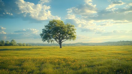 Fototapeta premium Lone tree meadow sunset, idyllic rural landscape, springtime
