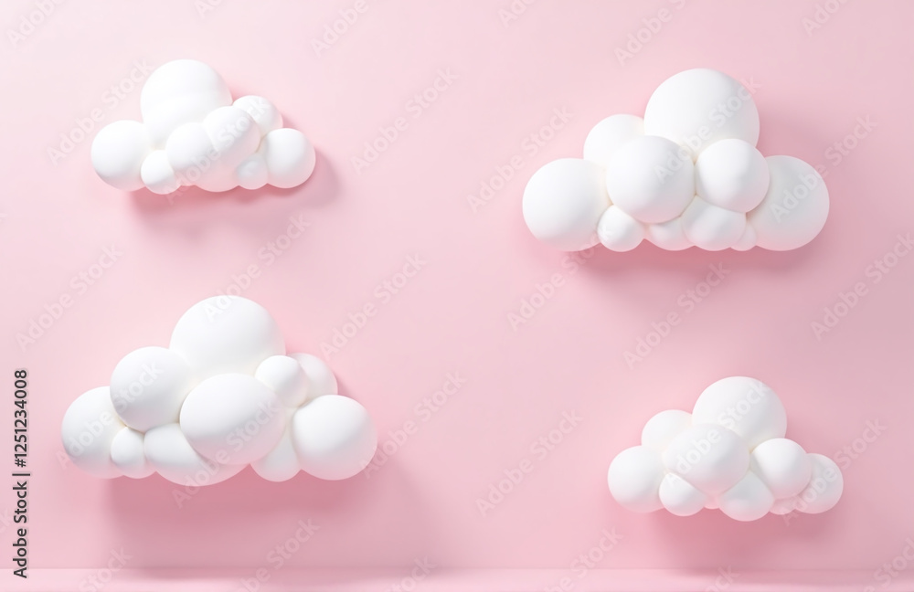 Poster A Soft Pink Background With Fluffy White Clouds Floating Gently Across A Serene Pastel Colored Sky. 00001