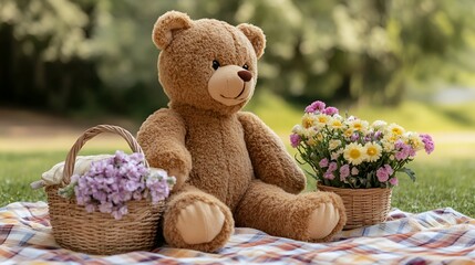 Brown teddy bear sitting on a picnic blanket with a basket of freshly picked flowers