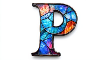 Letter P made of stained glass with blue and orange shades, framed in metal on a white background