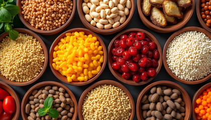  Variety of whole grains and legumes in wooden bowls, minimalistic healthy eating scene