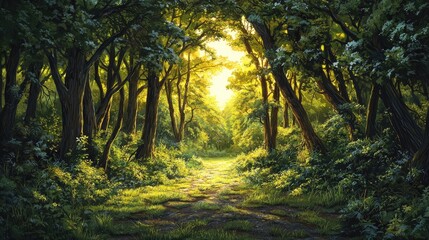 Fototapeta premium Sunlit Forest Path: A Serene Walk Through Nature's Embrace