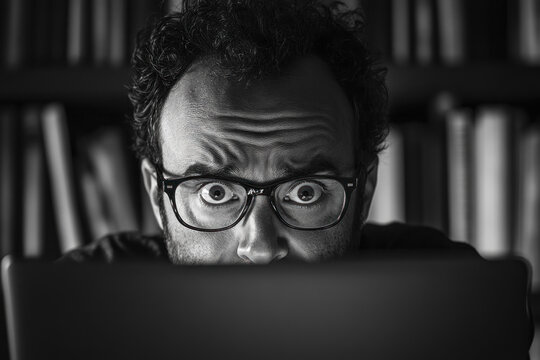 Man with glasses intensely focused on a laptop screen.