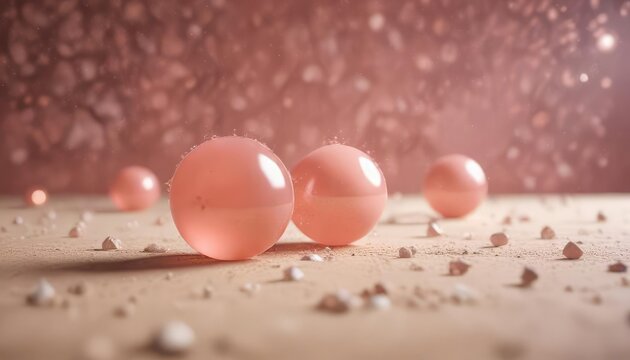 Abstrakter Hintergrund mit Sternen und Kugeln in apricot rosa Farbe, sternenbild, abstract