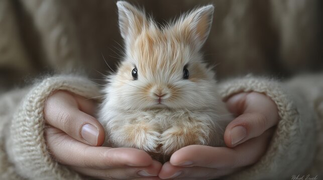  Fluffy white bunny being gently held with blurred background - Powered by Adobe