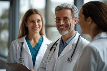 Fototapeta premium Diverse group of engaged medical professionals discussing patient case in modern clinic with natural lighting