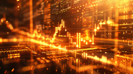 Fototapeta premium A glowing candlestick chart displayed on a futuristic transparent screen. Financial market data streams in the background. 