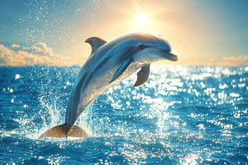 Naklejka premium Dolphin leaping from ocean waves at sunset