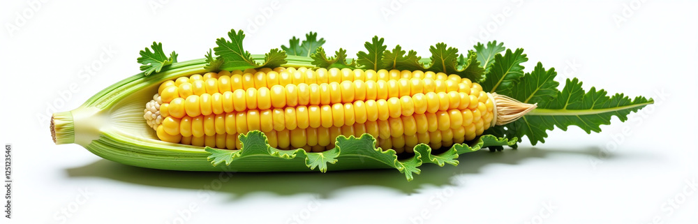 Poster a stylized vegetable shape made from corn and kale is isolated against a clean white background for 