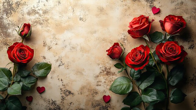 Cherish your radiant sweetheart with this Valentine's composition. Top view capturing vibrant rosebuds and affectionate emblems against a delicate beige background. Ample space for your words or ads.