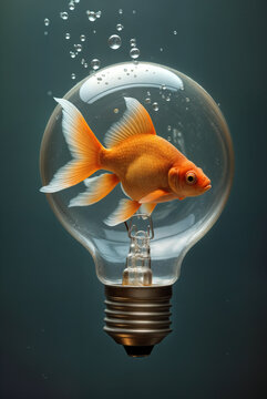 A goldfish swims inside an electric bulb. An atmosphere of creativity, paradox and absurdity for making discoveries.