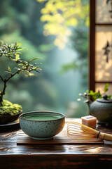 Japanese tea room with soft natural lighting and matcha cup with vibrant saturated green color