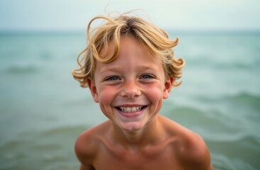 Excited smiling boy 10 years old with blond curly hair, standing in the sea