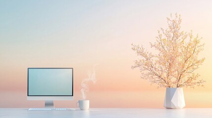 Fototapeta premium Tranquil morning workspace home office digital setup calm environment minimalist view aesthetic design for enhanced productivity