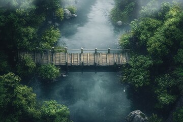 Fototapeta premium Rustic Wooden Bridge Over Serene Water Surrounded by Greenery Aerial View Hyper-realism Scenic Landscape