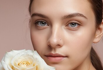 Naklejka premium Elegant Woman Holding a White Rose Against a Soft Pastel Background 