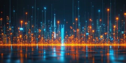 Fototapeta premium A Futuristic Cityscape with Illuminated Structures and Interconnected Dots, Digital Illustration