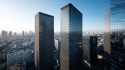 Obraz premium Wide-angle view of the Paris skyline, modern skyscrapers under a clear blue sky
