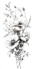 Elegant Floral Arrangement with Poppy and Peony in Monochrome Pencil Drawing Style Artistic Design