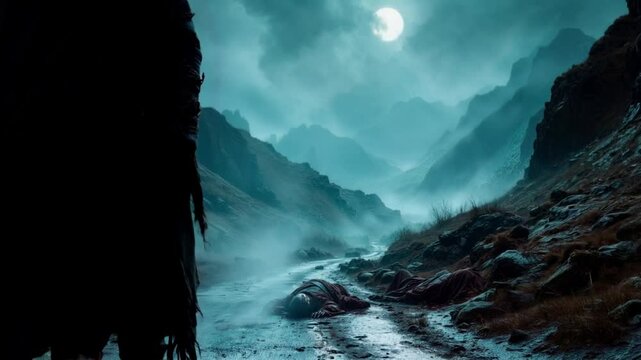 A dark figure walks through the gorge. Horror fantasy genre. Adventure in the mountains video clip. 