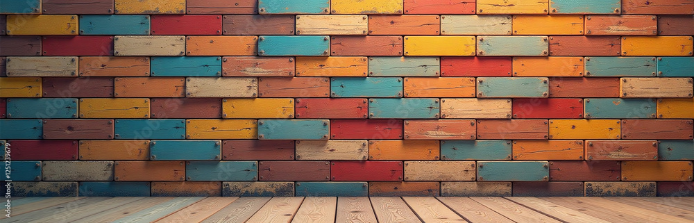 Poster A Wooden Wall With Colorful Blocks Serves As A Textured Background For Creating Expansive And Visually Appealing Panoramic Scenes. 00002