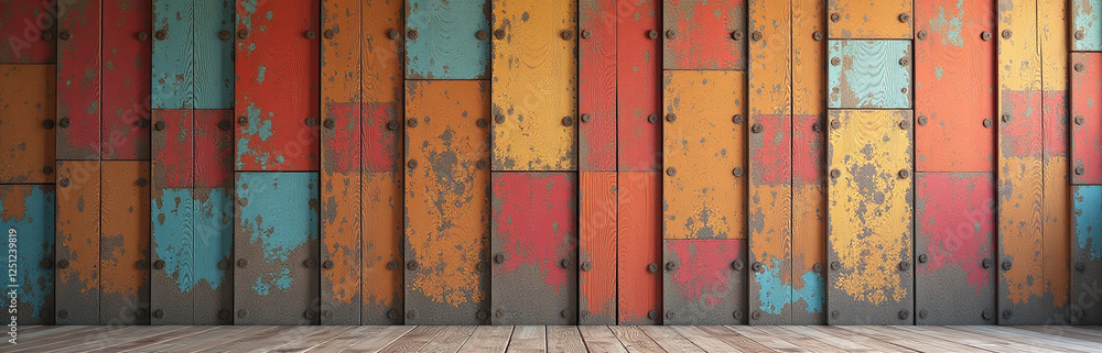 Poster A Wooden Wall With Colorful Blocks Serves As A Textured Background For Creating Expansive And Visually Appealing Panoramic Scenes. 00001