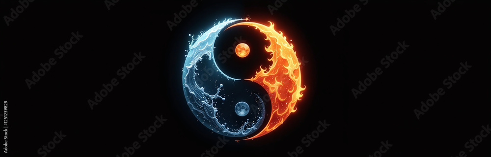 Poster a yin yang symbol is composed of opposing elements water and fire, set against a simple black backgr