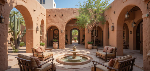 A serene desert retreat with adobe walls, earthy terracotta tones, and handcrafted wooden furniture. Large arched doorways open to a shaded courtyard with a bubbling fountain and vibrant .